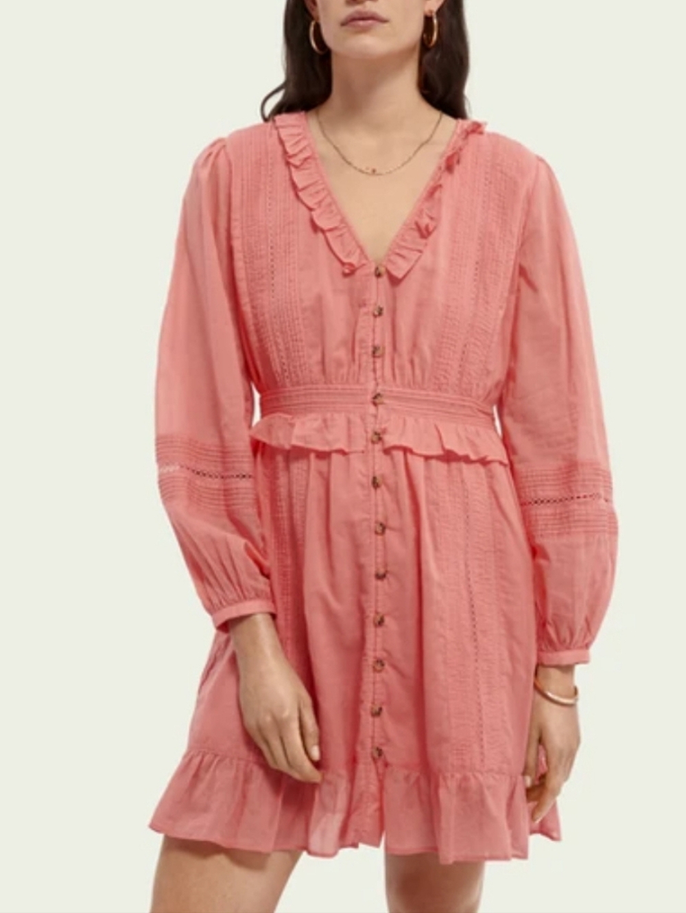 Scotch & Soda Organic Cotton Boho Ruffle Mini Dress XL Pink Button Front - Picture 1 of 10